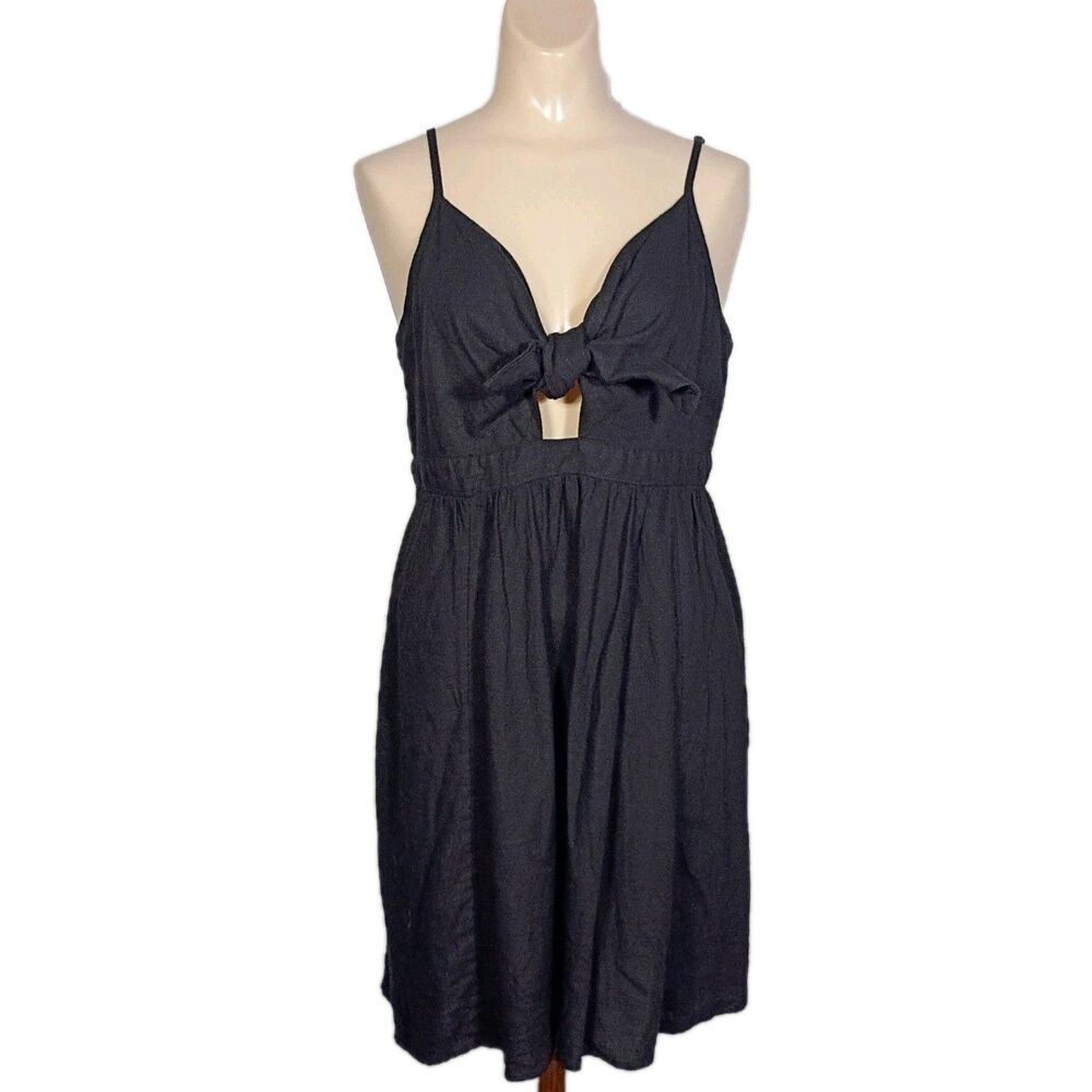Old Navy Linen Blend Tie Front Babydoll Dress L Keyhole V Neck Mini Dress Black